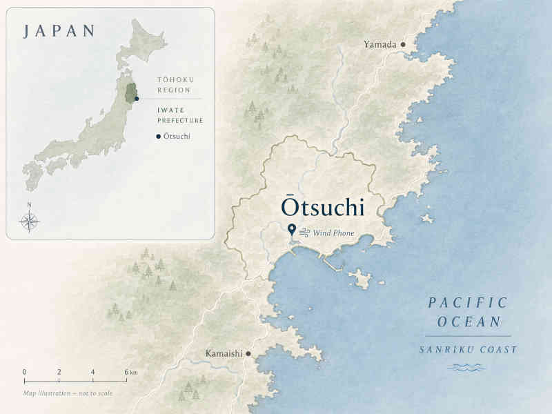 An illustrated map of the Sanriku coast of Japan showing the town of Otsuchi in Iwate Prefecture, with the Wind Phone marked just inland from the bay, Yamada to the north and Kamaishi to the south. An inset map locates the Tohoku region on the Japanese archipelago.